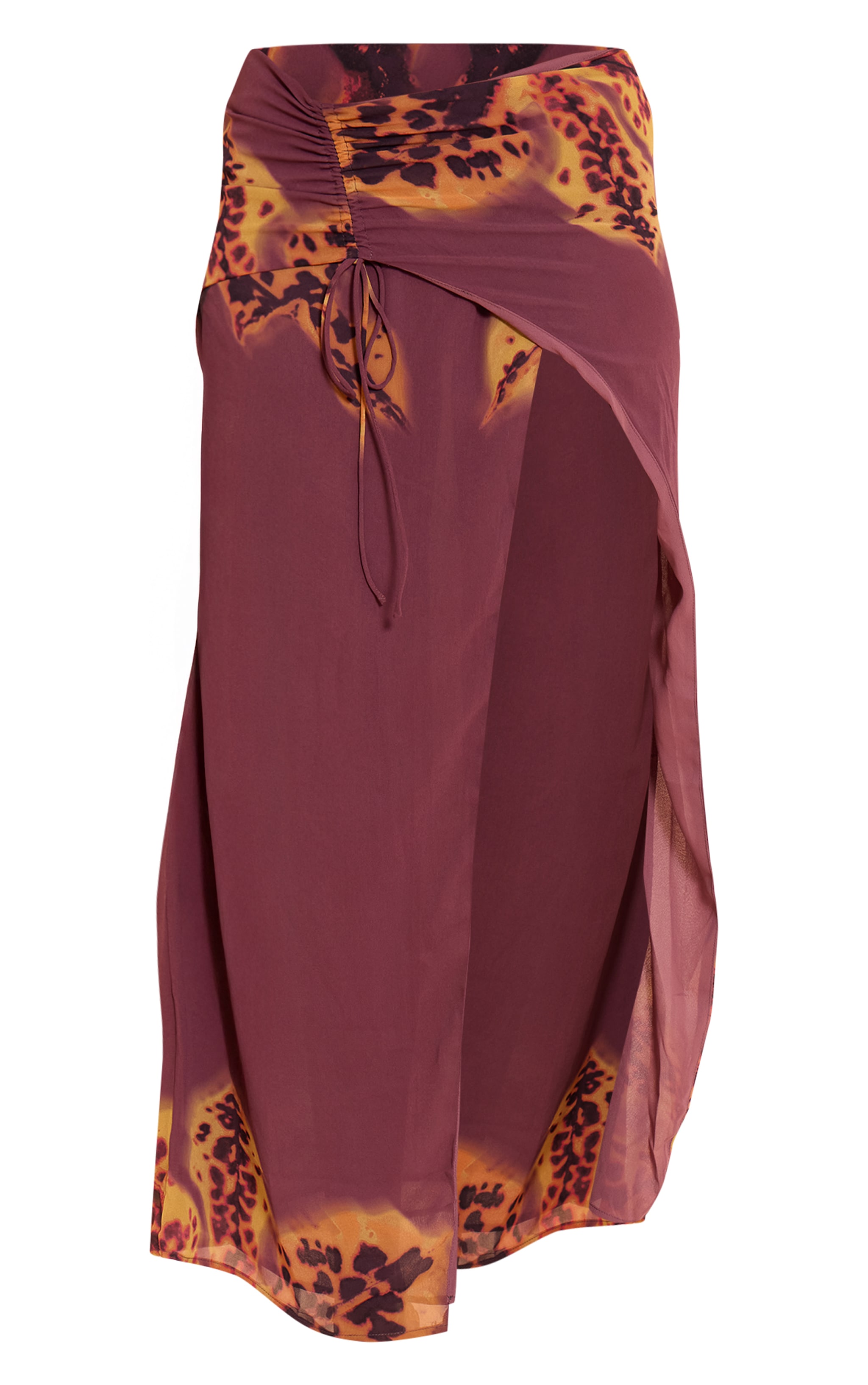  Dark Purple Floral Print Chiffon Ruched Split Midi Skirt image 5