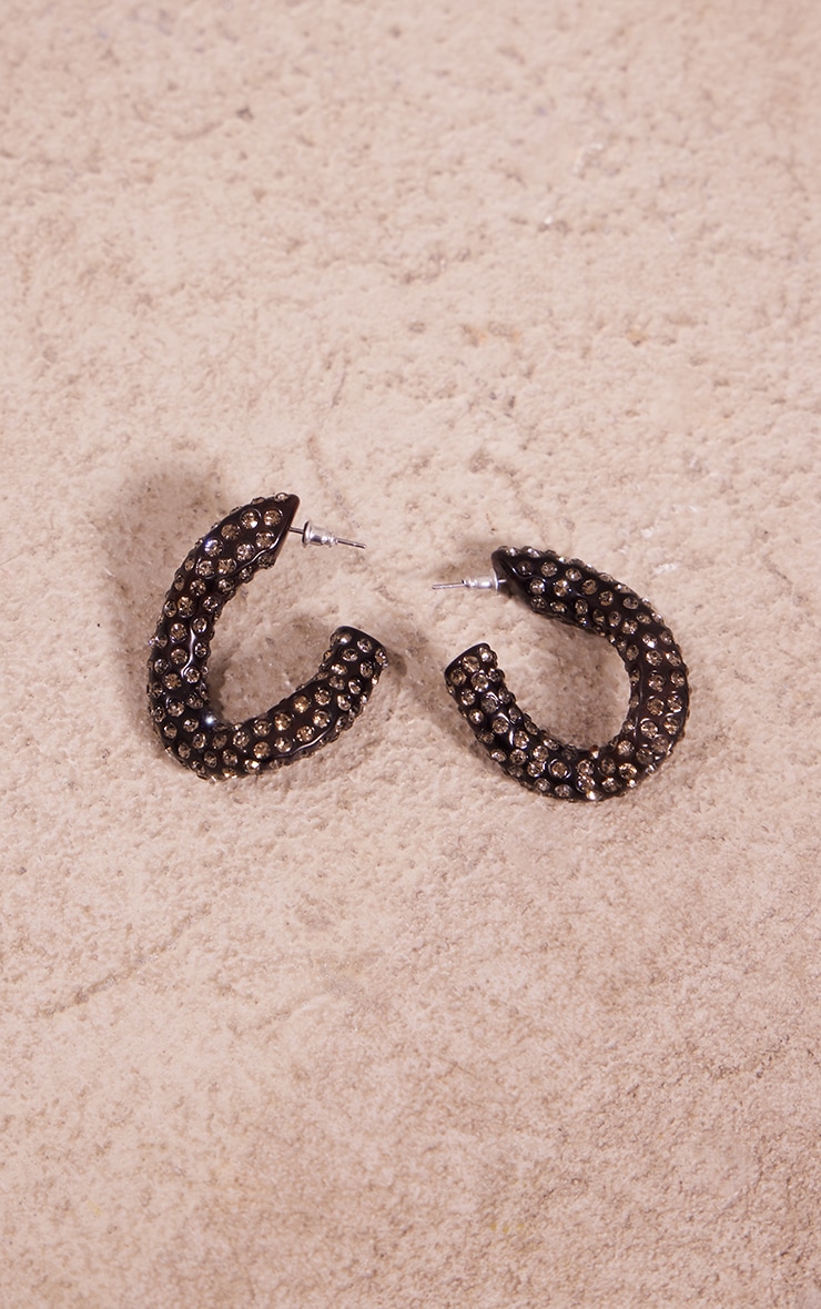 Black Diamante Twist Link Hoop Earrings image 2