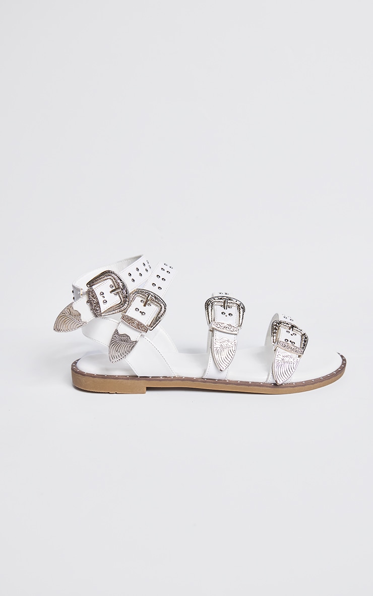 White PU Round Toe Studded Buckle Detail Gladiator Sandals image 4
