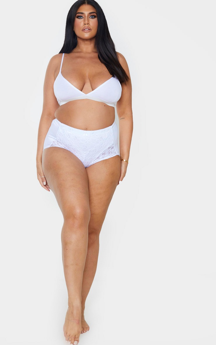 Plus White Lace Panelled High Waist Control Briefs