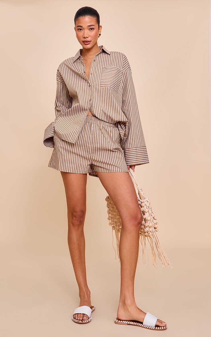 Olive Woven Pinstripe Balloon Sleeve Oversized Shirt image 3