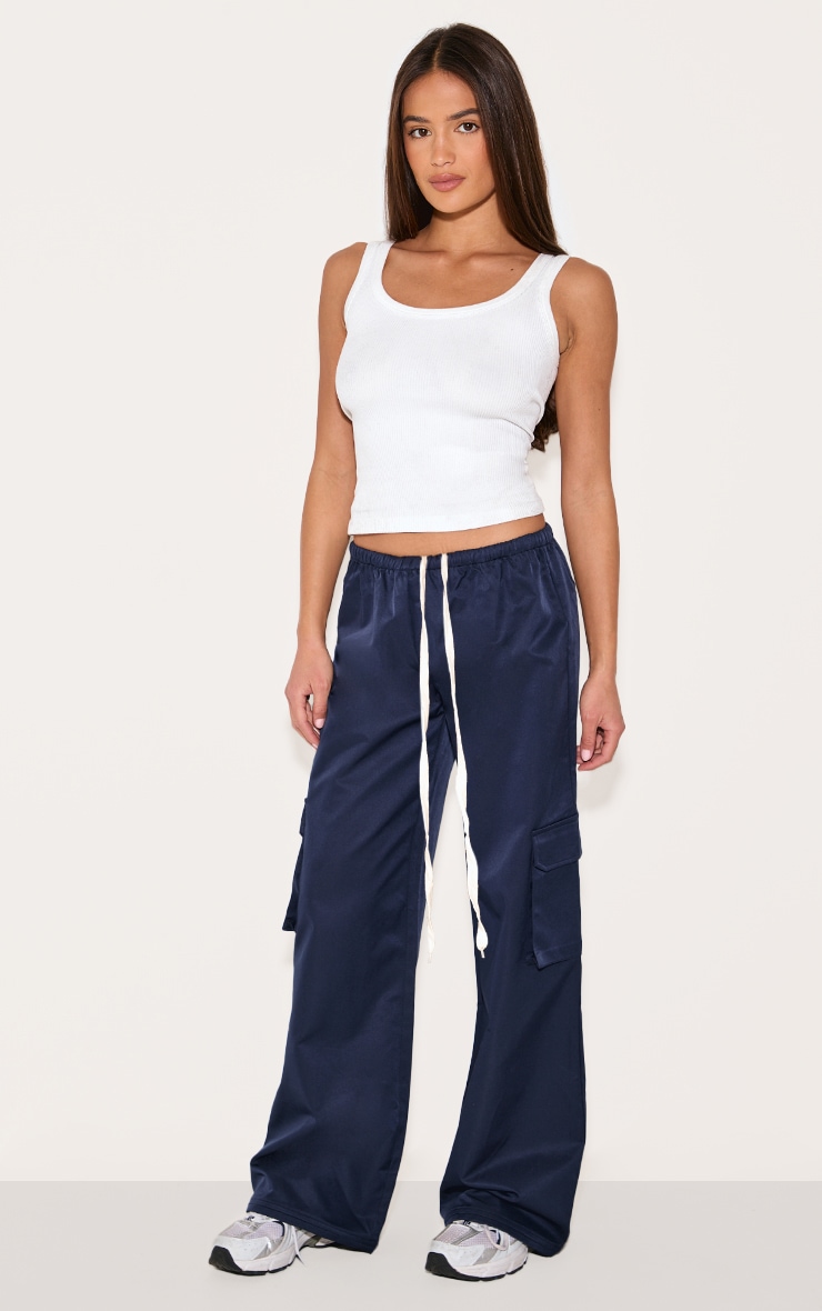 Navy Drawstring Cargo Pocket Detail Straight Leg Pants image 2
