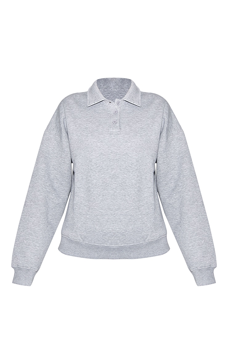 Grey Marl Button Up Long Sleeve Polo Sweatshirt image 5