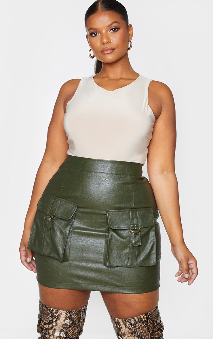 Plus Khaki Faux Leather Buckle Detail Bodycon Skirt