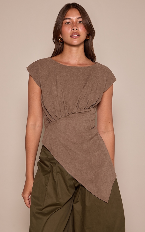 Mocha Peachskin Ruched Front Fitted Sleeveless Top 