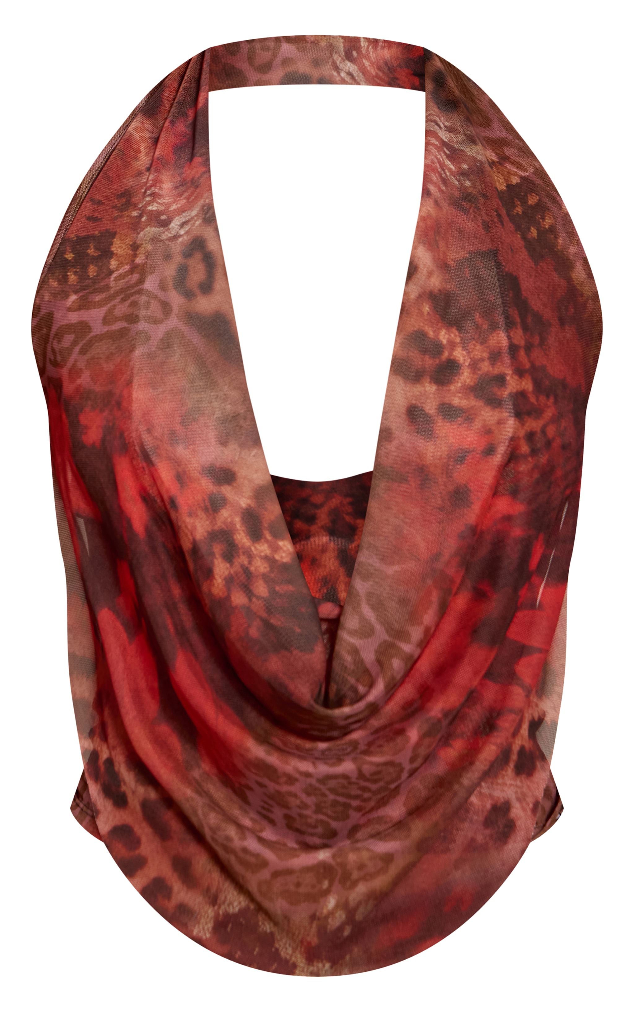 Brown Abstract Animal Print Mesh Halterneck Top image 5