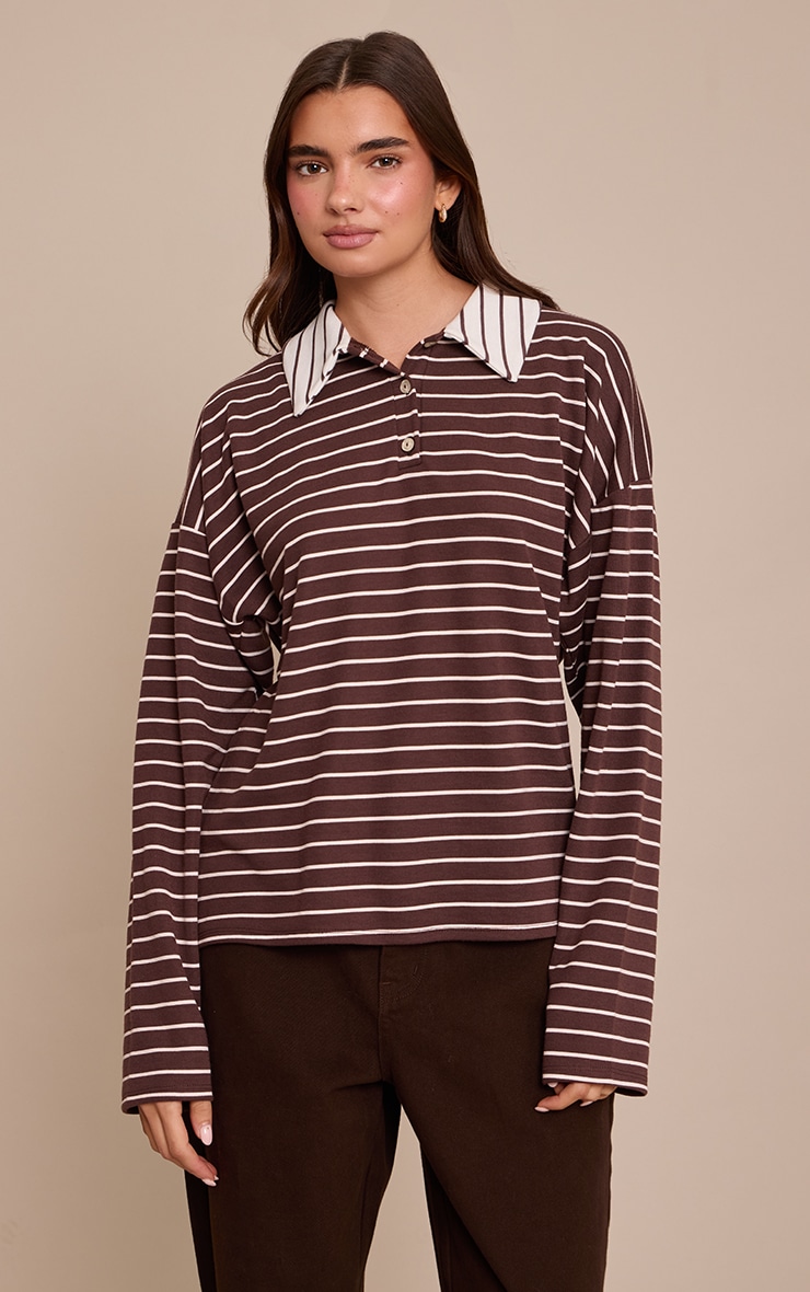 Chocolate Striped Collared Rugby Style Oversized Long Sleeve Top image 1