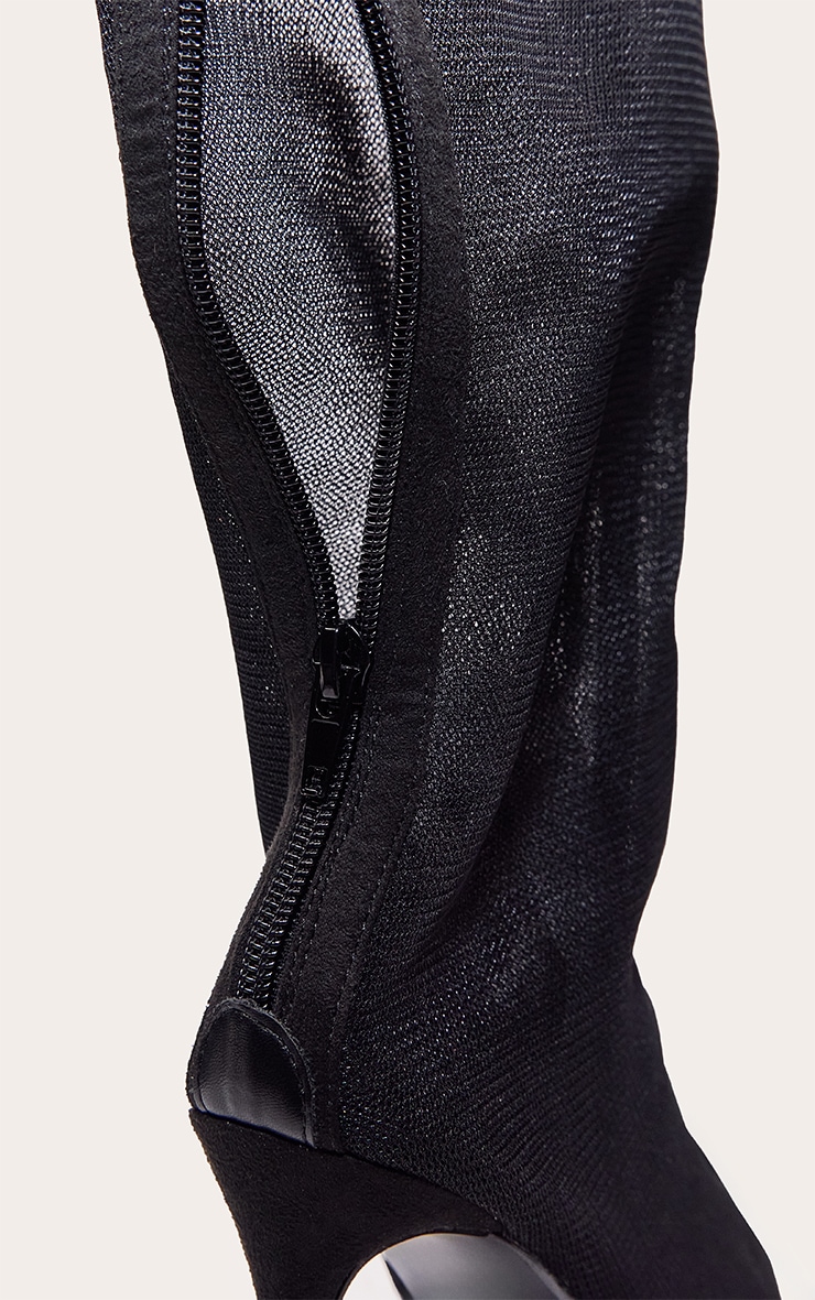 Black Mesh Heeled Knee High Boot image 5