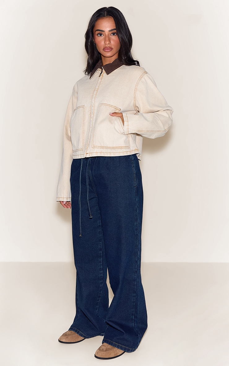Petite Beige Denim Jacket With Contrast Collar image 3