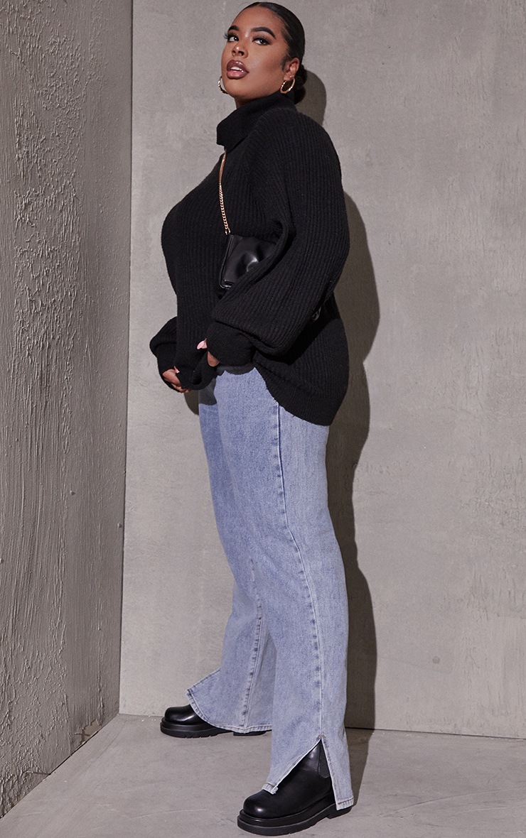 PLT Plus - Pull long oversize noir à col roulé en maille recyclée