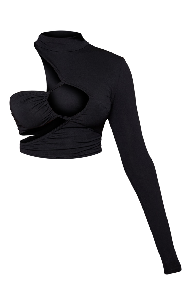 Shape Black High Neck One Sleeve Cut Out Crop Top image 5