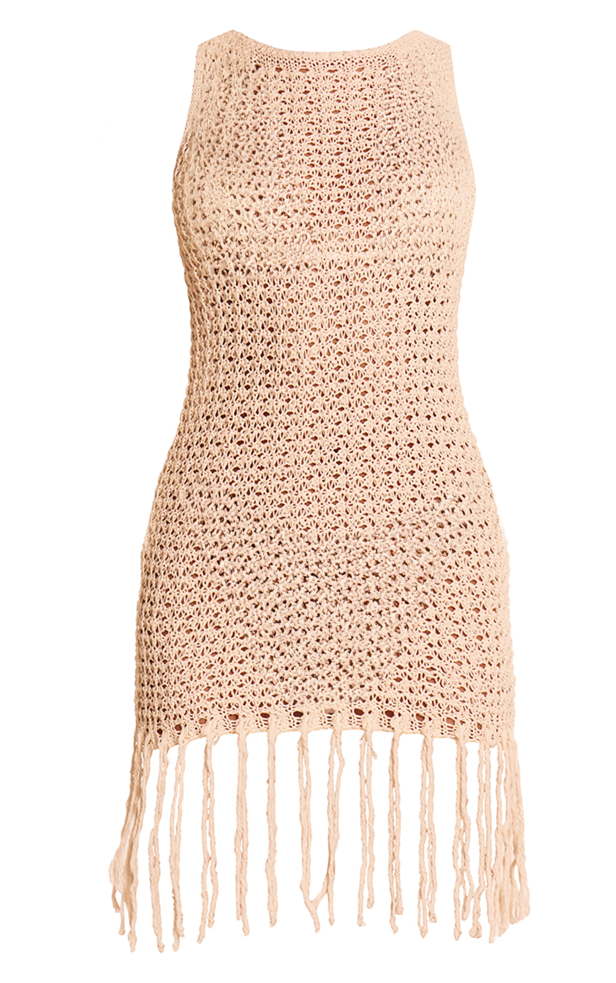 Cream Crochet Boat Neck Tassel Mini Dress image 5