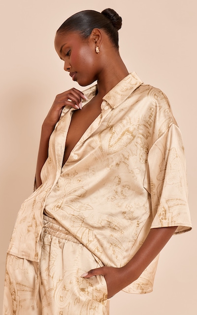 Chemise oversize satiné chartreuse pâle imprimé cachemire à épaules carrées