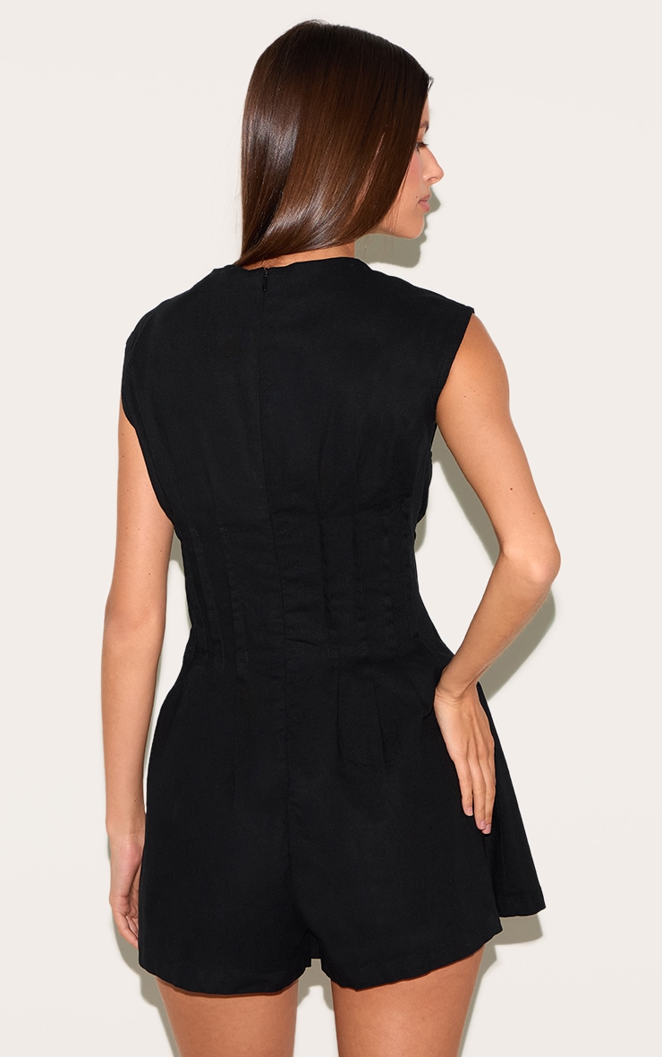 Black Cotton Cinched Waist Boat Neck Romper image 2