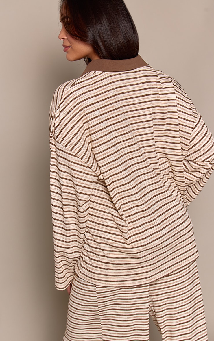 Plus Light Brown Soft Rib Striped Detail Collared Long Sleeve Top image 2