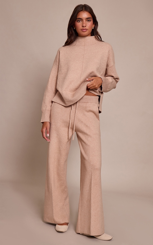 Pantalon large en maille tricot avoine à cordons ajustables
