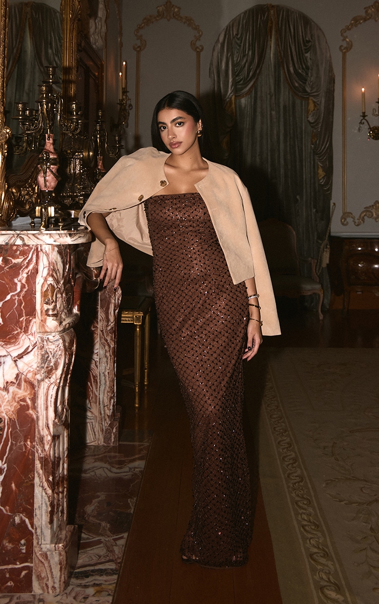 Robe bustier longue marron chocolat à ornements image 3