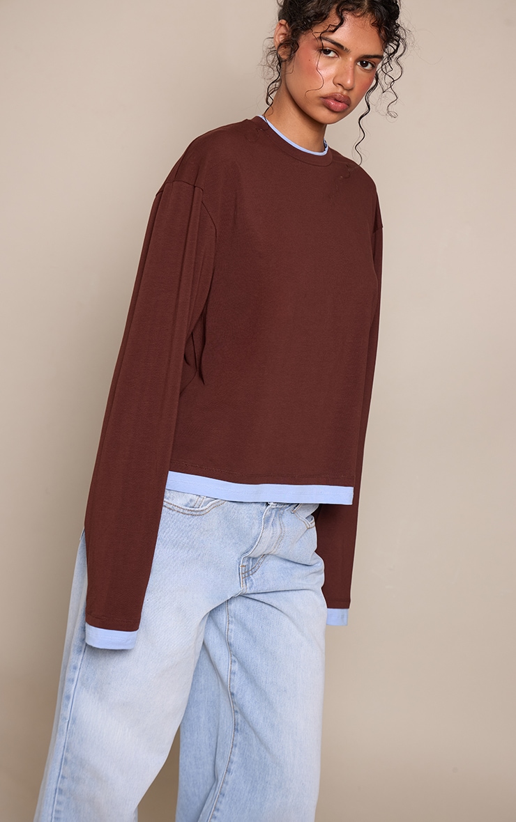 Chocolate Double Layered Detail Long Sleeve T-Shirt