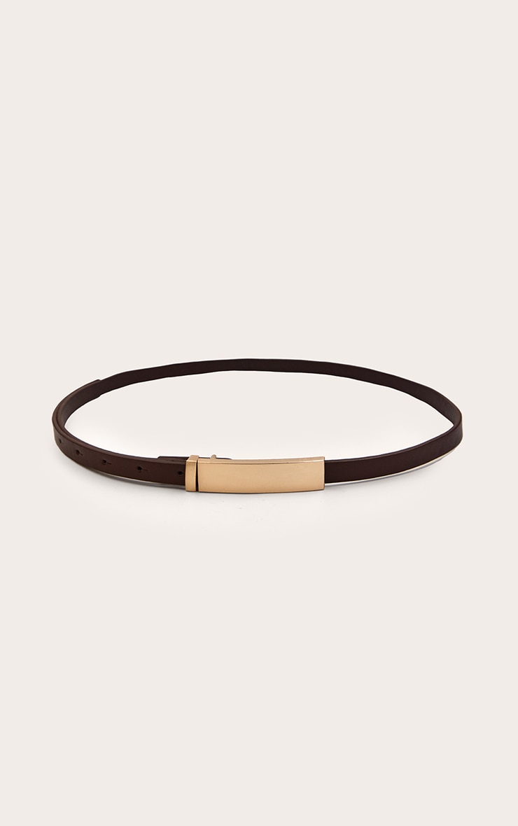 Chocolate PU Elongated Gold Buckle Skinny Belt image 2