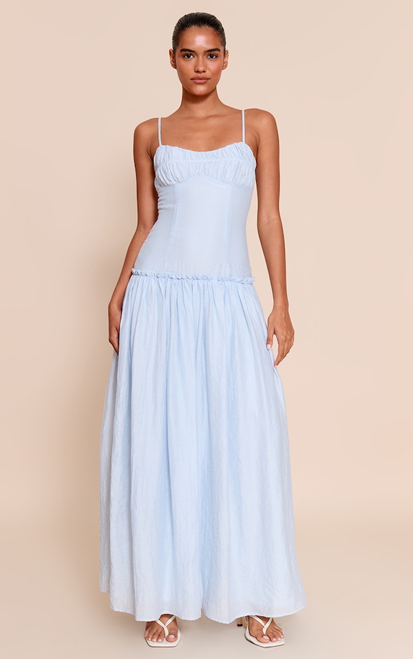 Light Blue Ruched Bust Drop Waist Maxi Dress