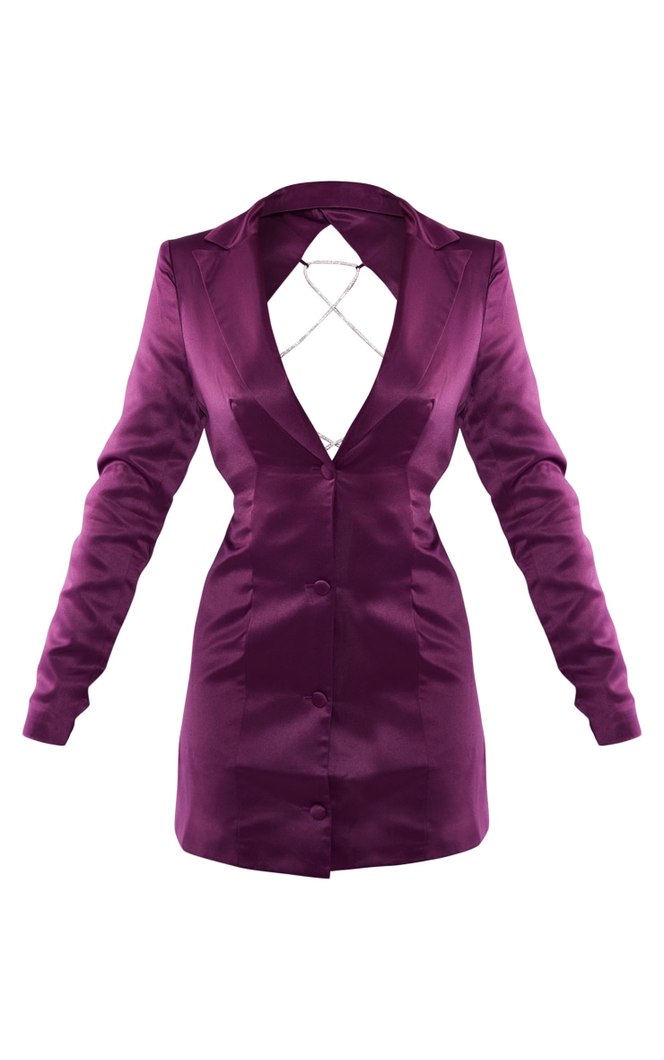 Dark Purple Satin Diamante Backless Blazer Dress image 3