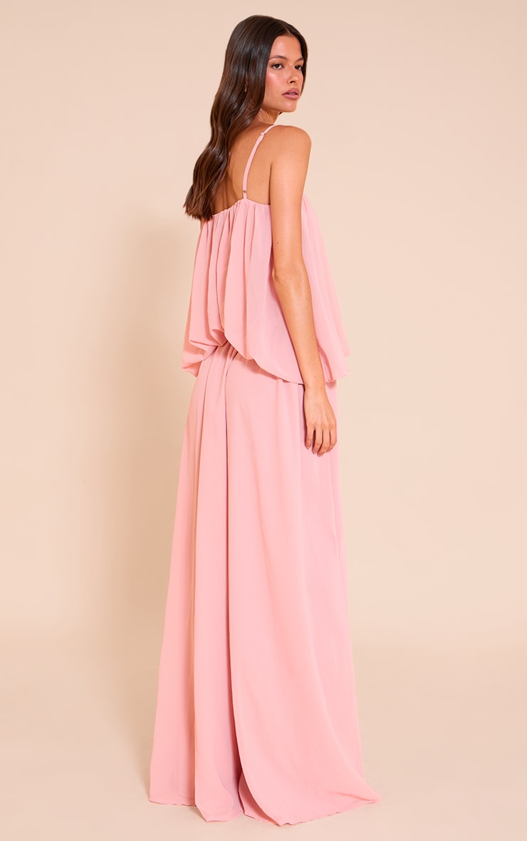Robe longue en mousseline de soie rose pâle à étage bouffant image 2