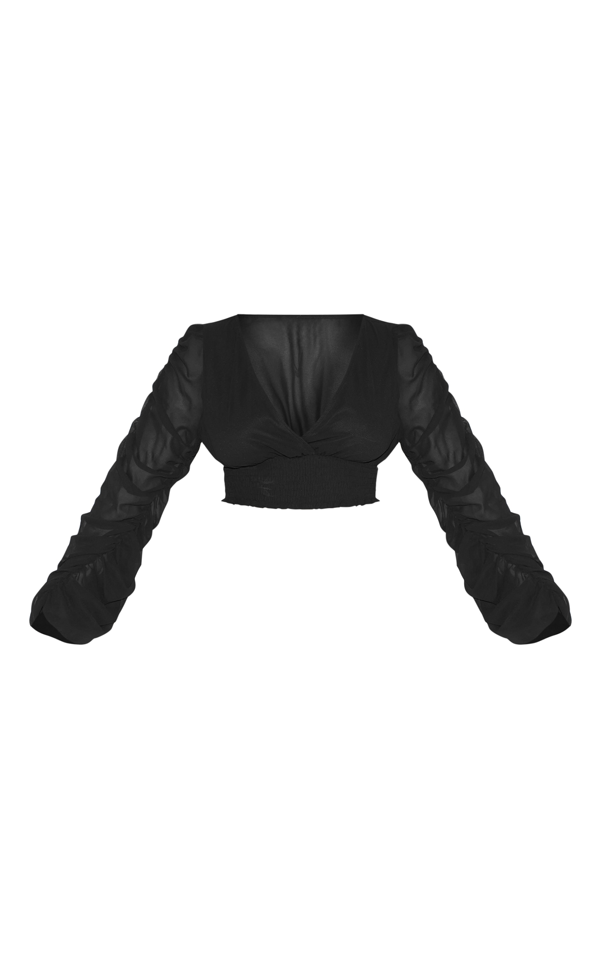 Shape Black Chiffon Balloon Sleeve Plunge Front Cinched Waist Blouse image 5