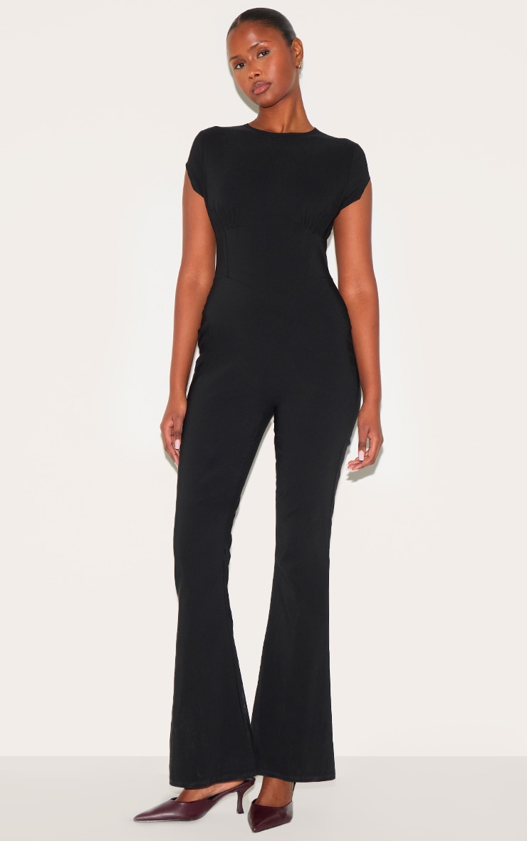 Black Stretch Woven Corset Detail Cap Sleeve Flared Jumpsuit image 1