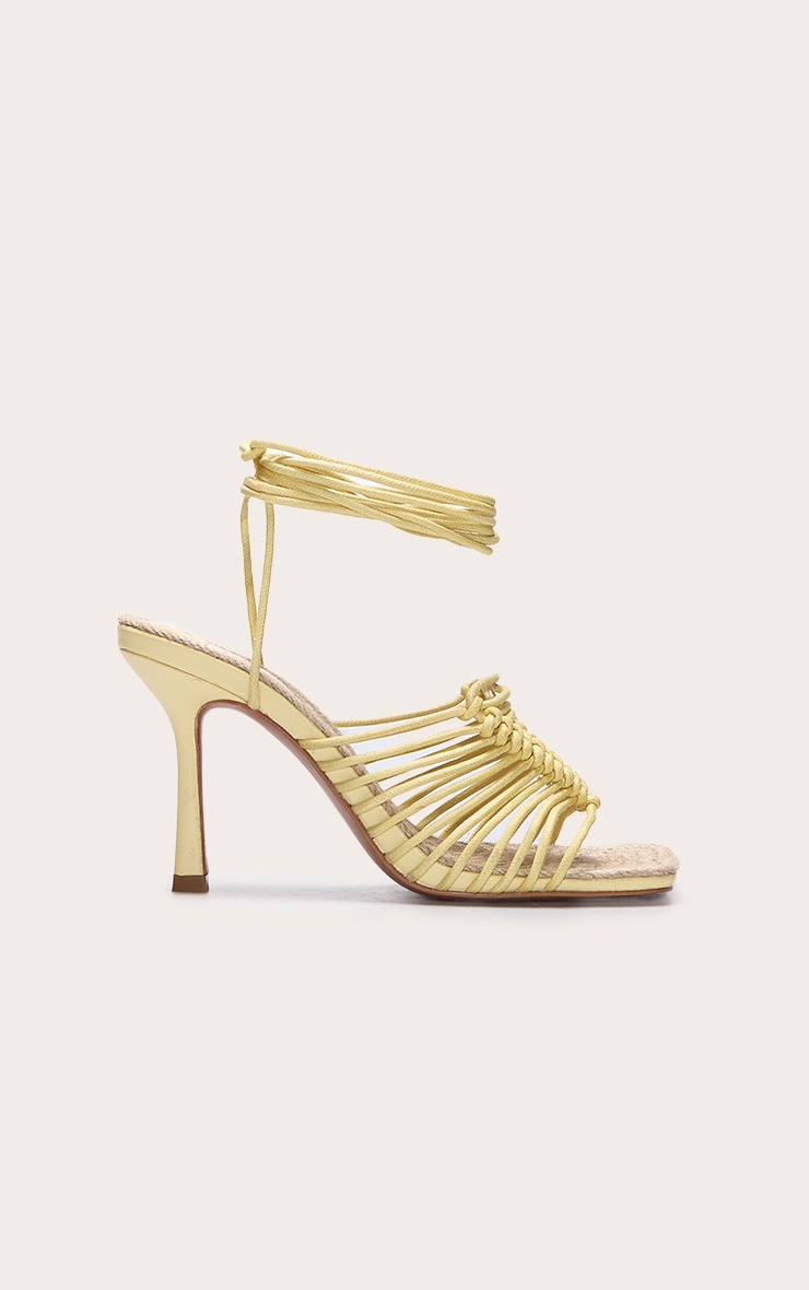 Butter Yellow Pu Square Knotted Toe Lace Up Heeled Sandals image 5