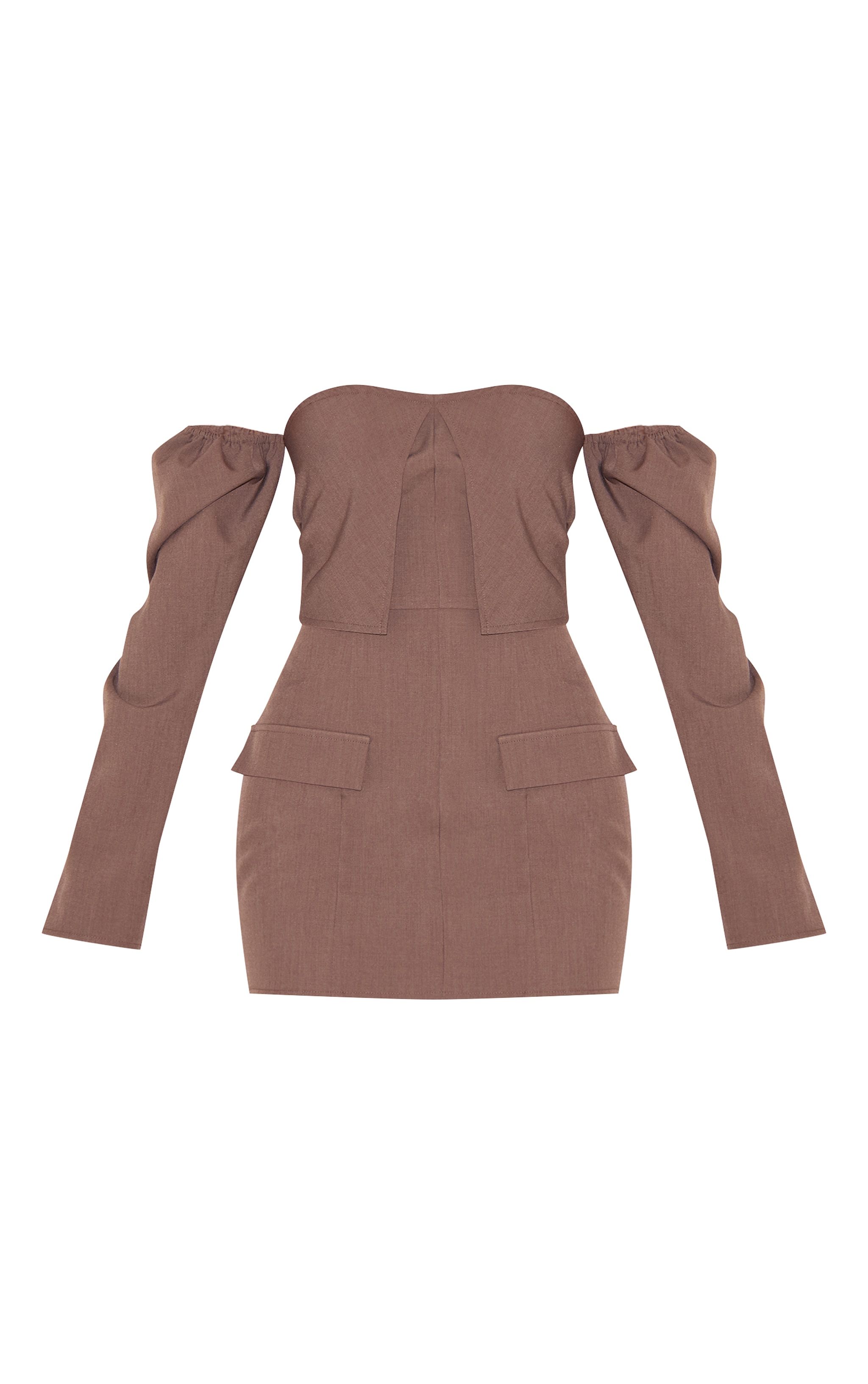 Mini robe de tailleur manches longues tissée gris champignon à col bardot et poches image 5