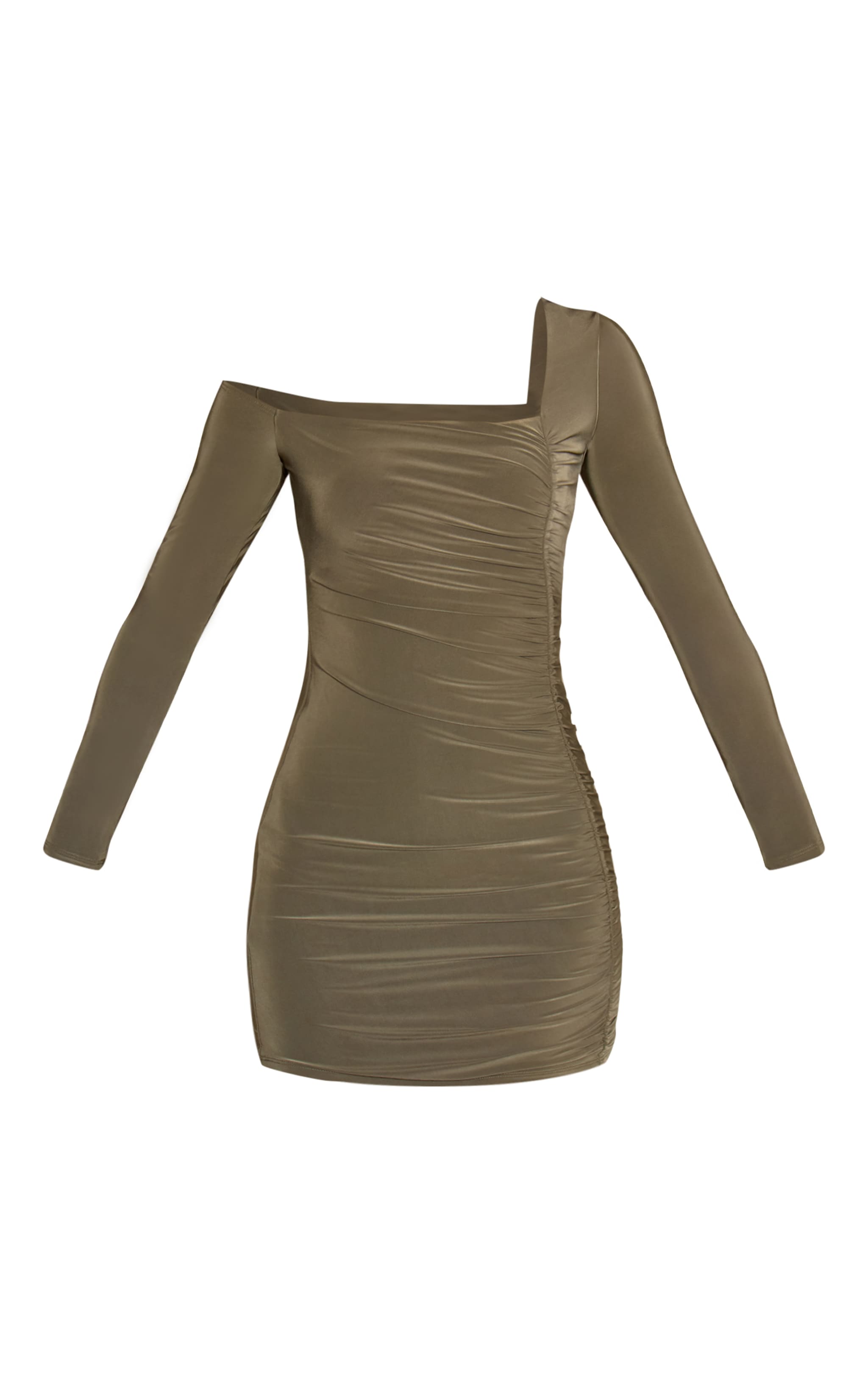 Khaki Double Layer Slinky Asymmetric Ruched Long Sleeve Dress image 5