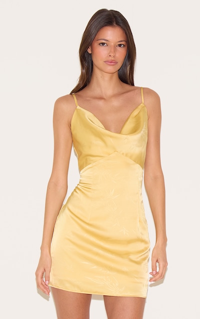 Mustard Satin Leaf Print Cowl Neck Mini Dress