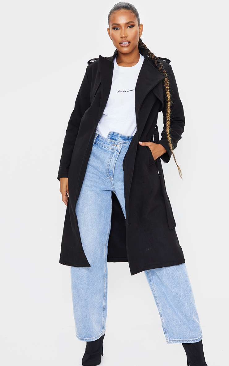 Black Wool Miltary Belted Midi Coat