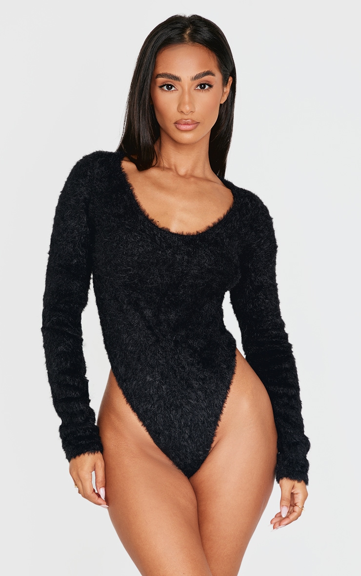 Petite Black Fluffy Round Neck Scoop Long Sleeve Bodysuit image 2