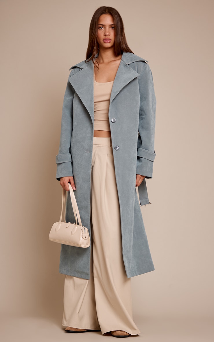 Dusty Blue Faux Suede Belted Trench Coat image 3