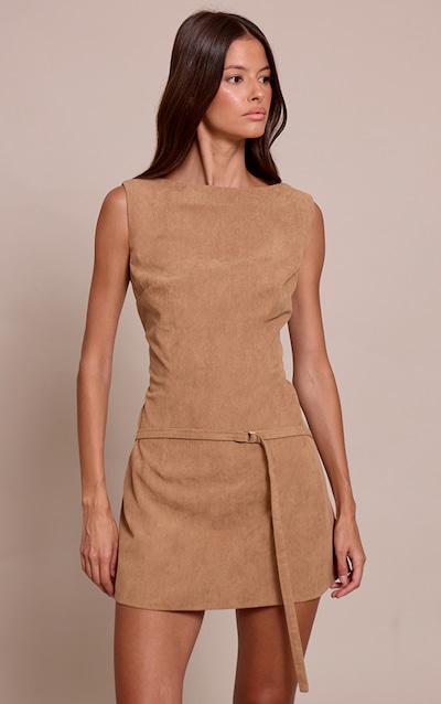 Brown Cord Belt Detail Bodycon Dress