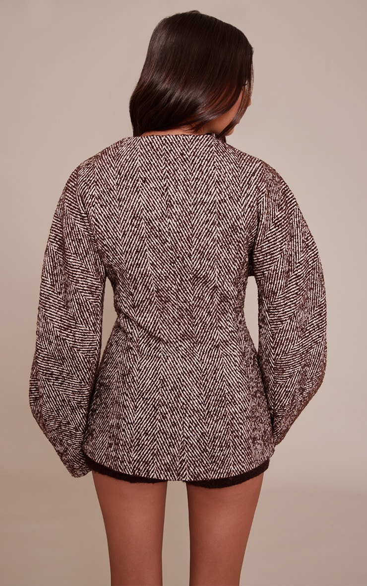 Brown Herringbone Collarless Cocoon Sleeve Blazer image 2