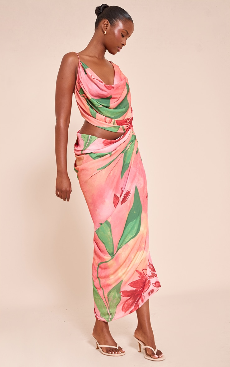 Orange Floral Chiffon Drape Cut Out Midaxi Dress image 3