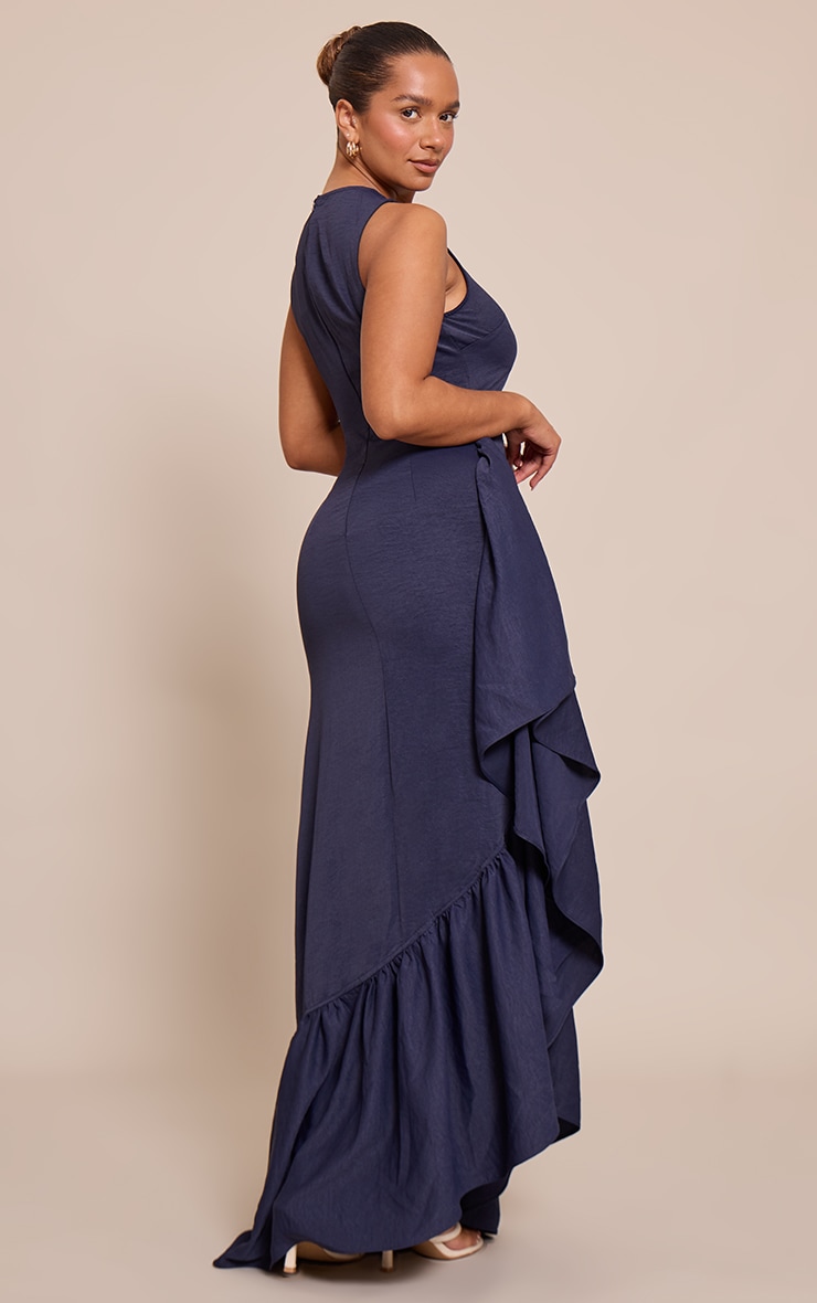 Shape Navy Stretch Woven Boat Neck Side Split Frill Maxi Dress image 2