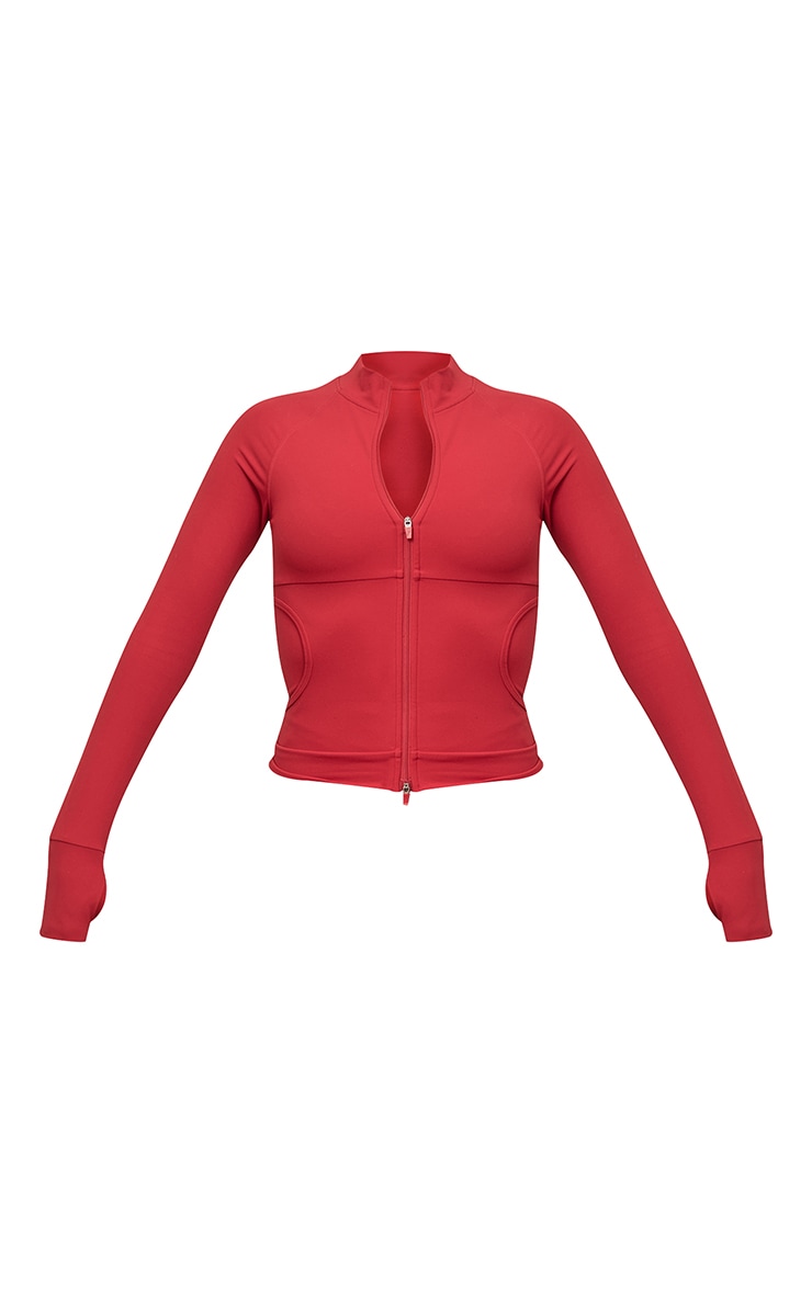 Red Sculpt Pocket Front Double Zip Up Jacket