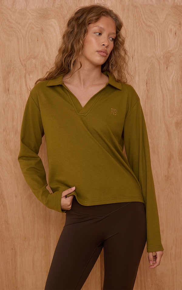Olive Embroidered Longline Collar Top