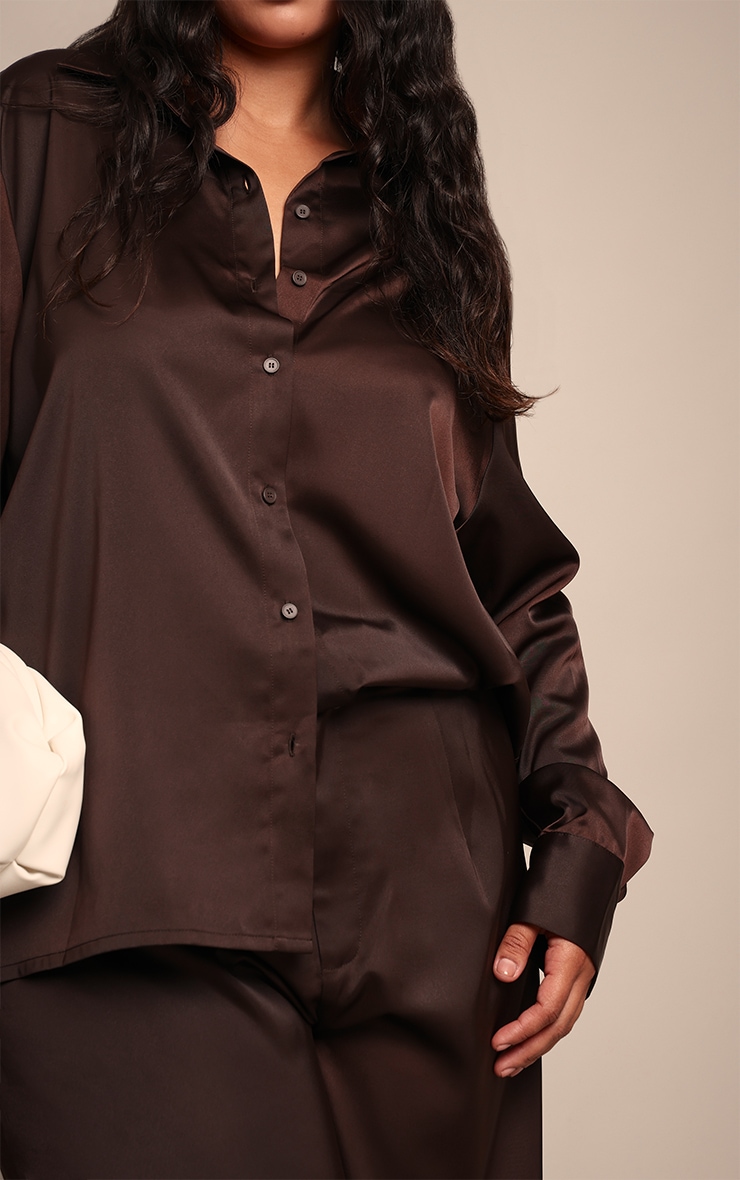 Plus Chocolate Crinkle Satin Oversized Shirt image 4