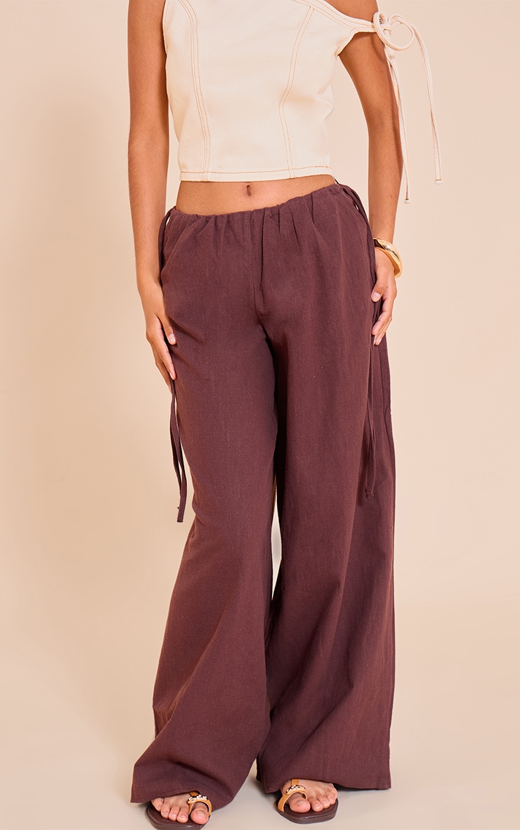 Petite Chocolate Premium Linen Look Wide Leg Side Tie Detail Pants image 2
