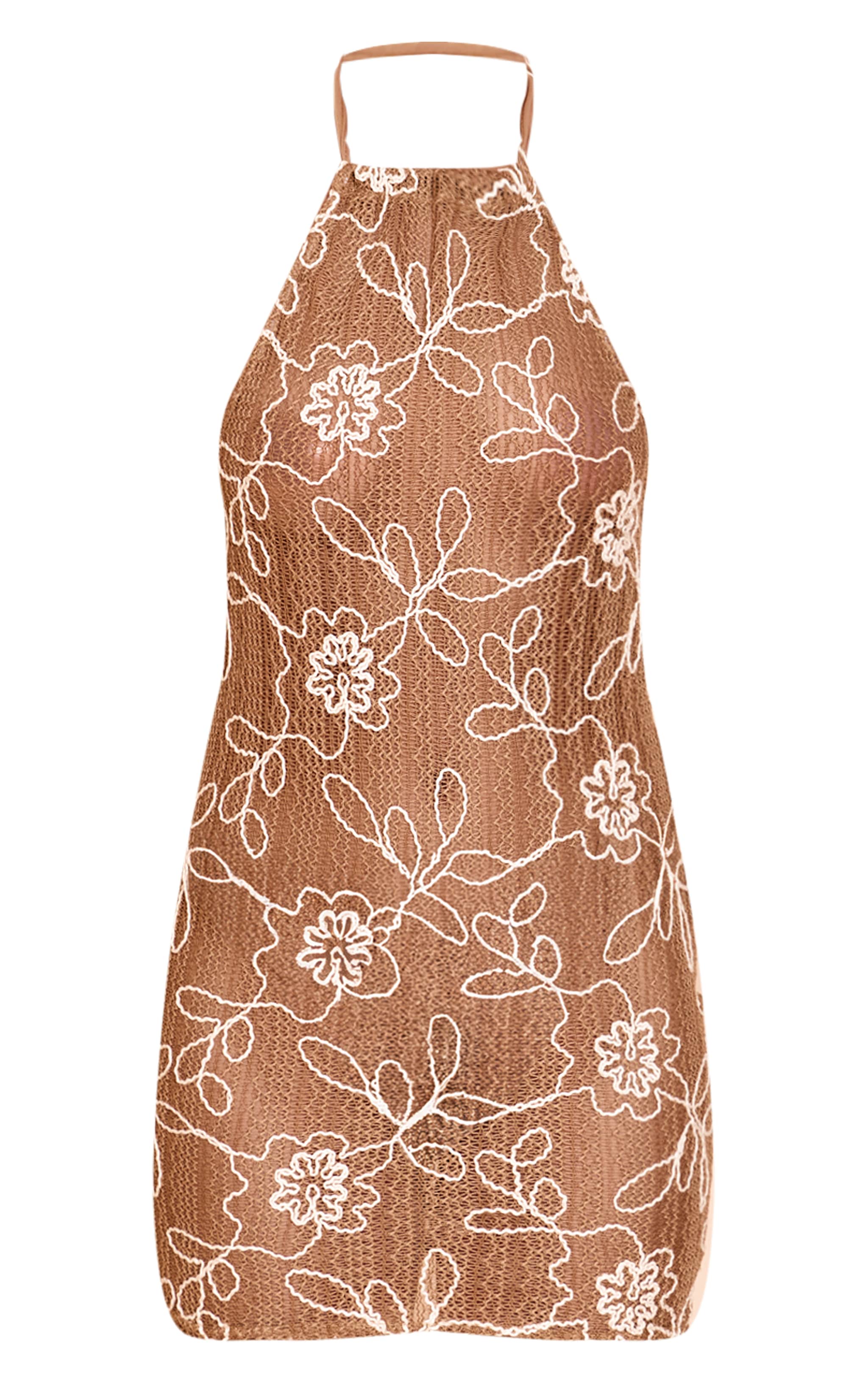 Tan Textured Floral Halterneck Low Back Bodycon Dress image 5
