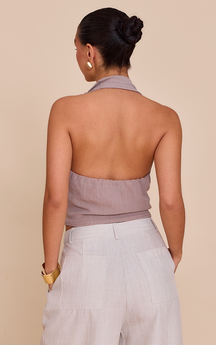 Mocha Linen Look Cowl Knot Detail Long Top image 2