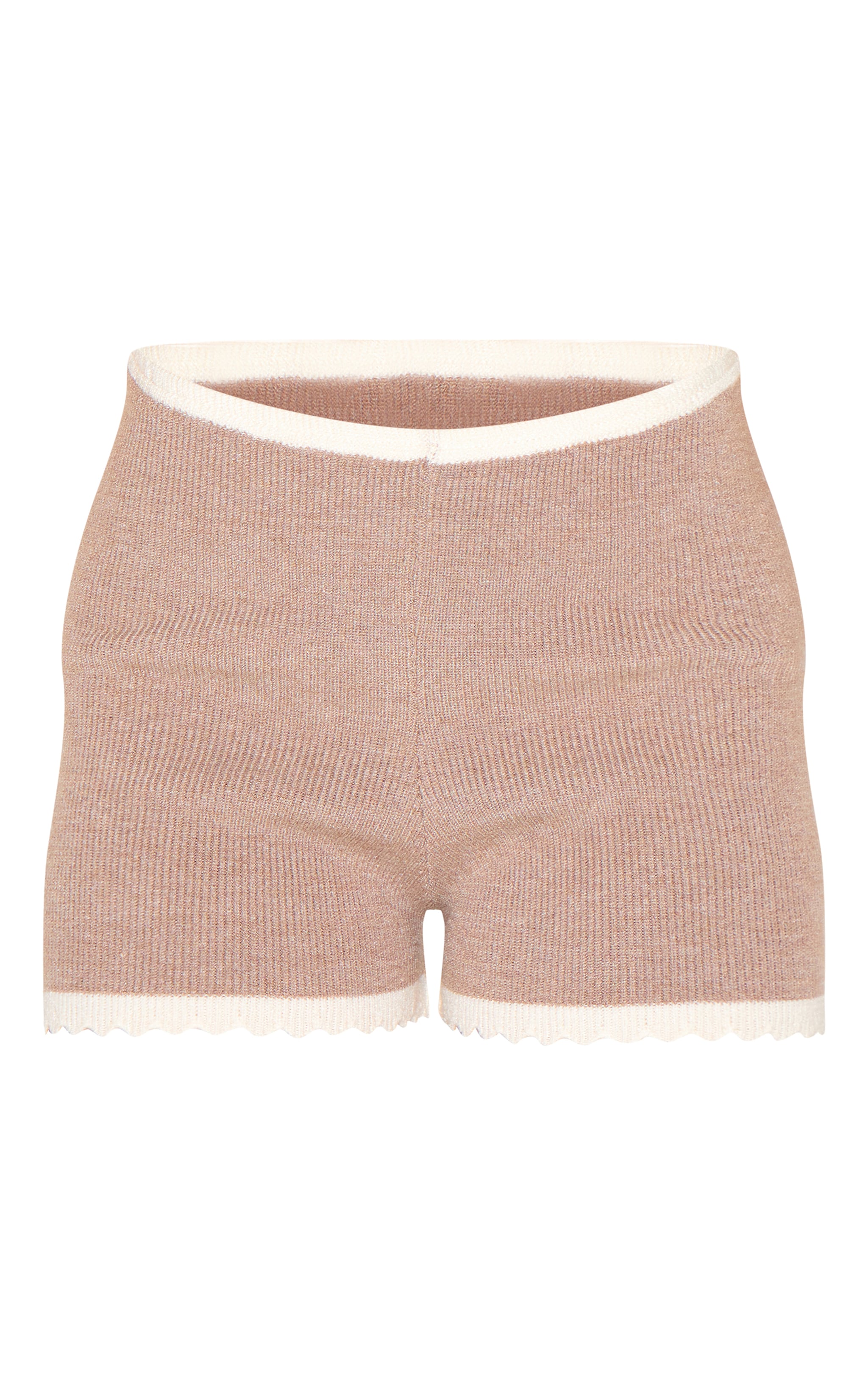 Petite Taupe Knitted Scallop Edge High Waisted Shorts image 6