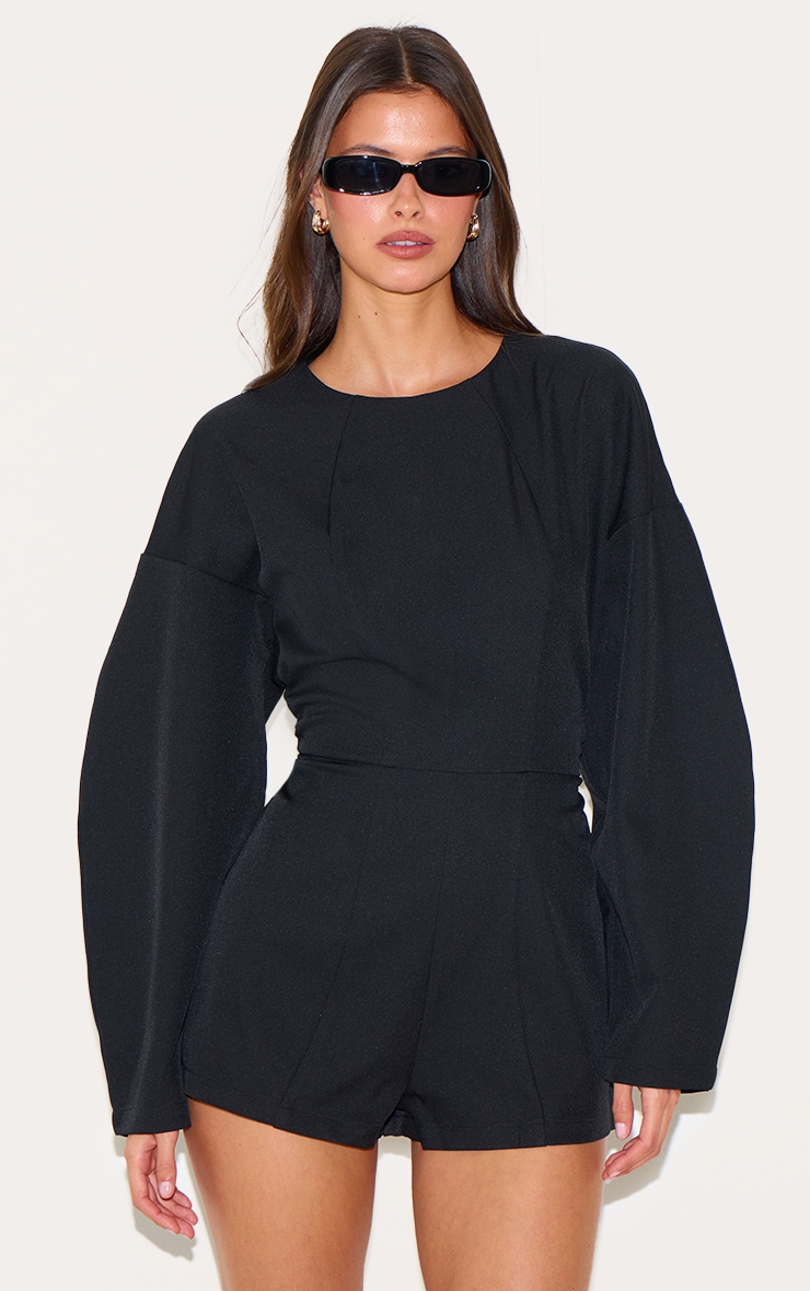 Black Tailored Woven High Neck Cocoon Sleeve Romper image 1