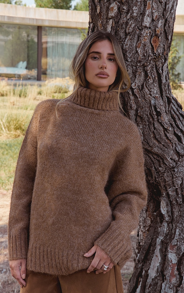 Camel Roll Neck Balloon Sleeve Oversized Jumper