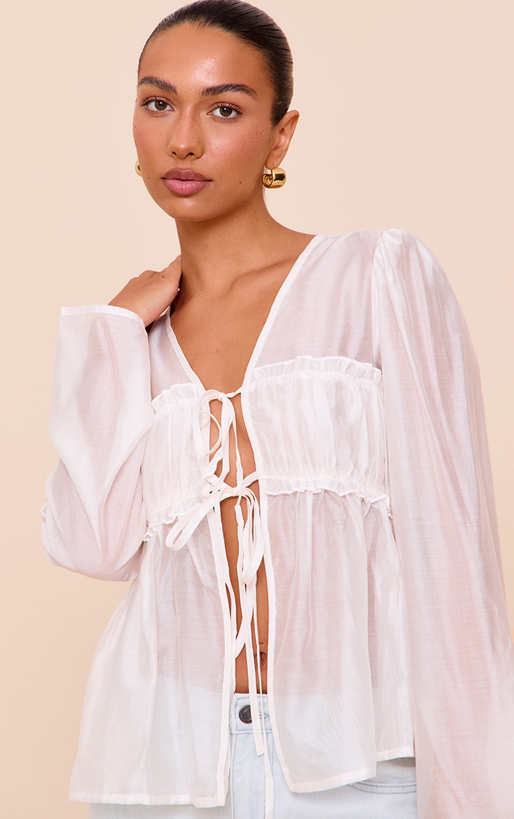 Cream Chiffon Tie Front Ruched Blouse image 4