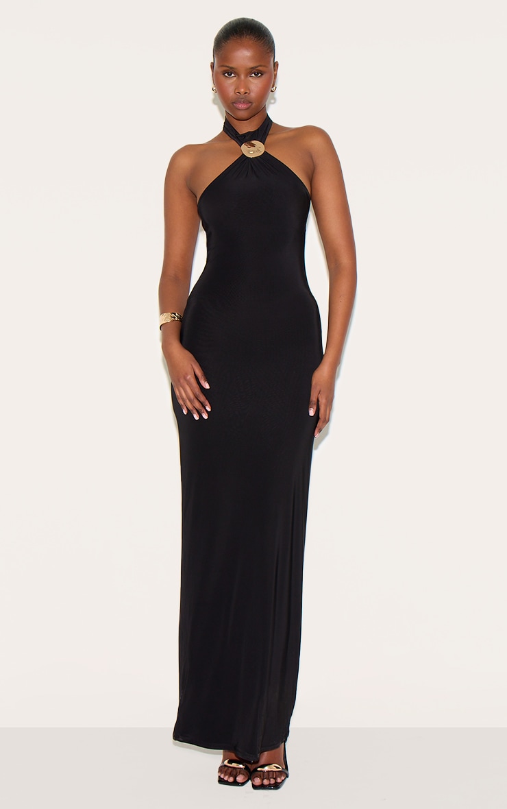Black Double Layered Slinky Halter Neck Trim Detail Maxi Dress image 3